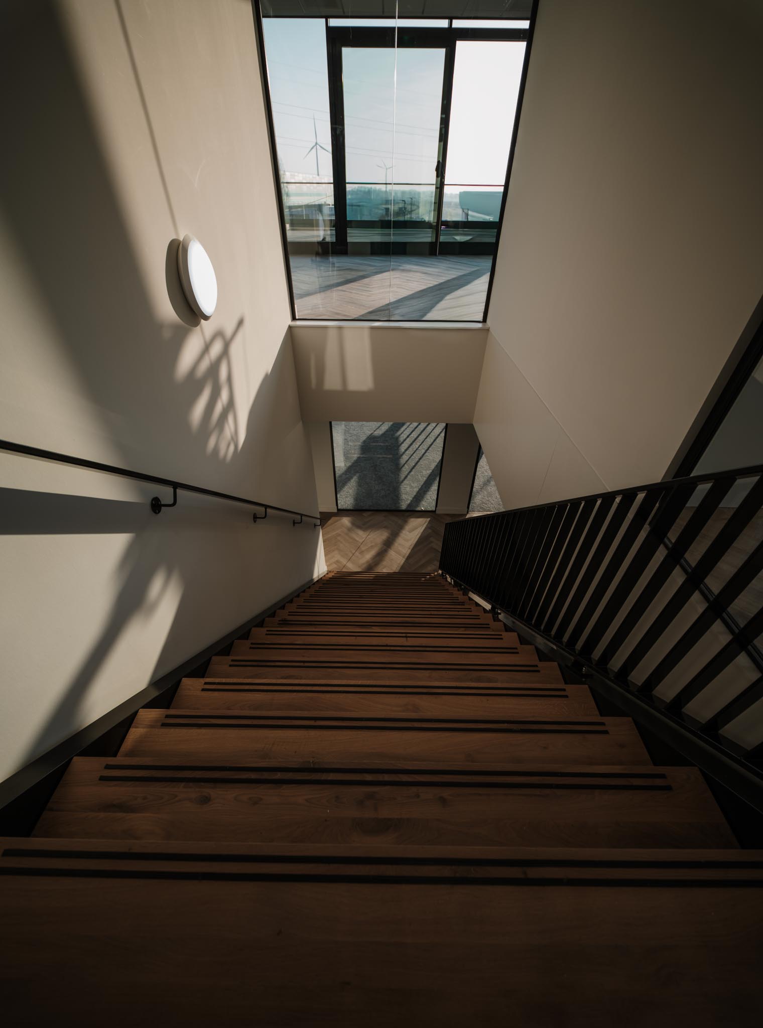 Wooden staircase with black handrails leading down to glass doors, lit by natural light.