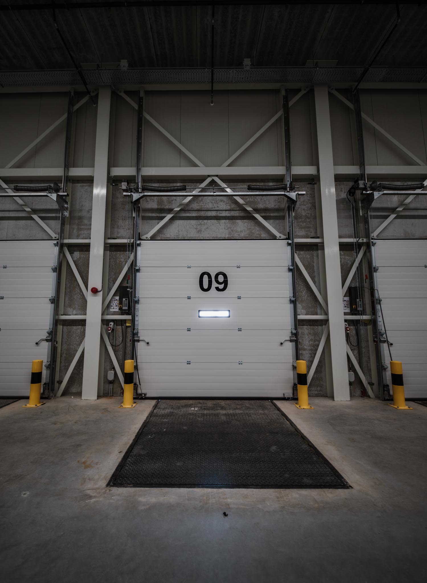 Closed industrial loading dock door numbered 09 with yellow and black safety bollards on both sides.