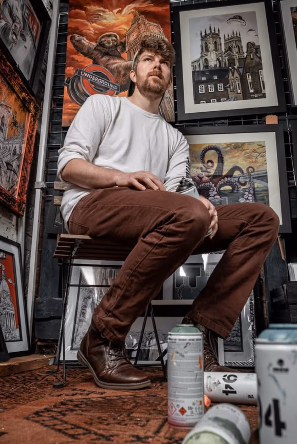 Man with beard in white shirt and brown pants sitting in art studio surrounded by framed paintings and spray cans.