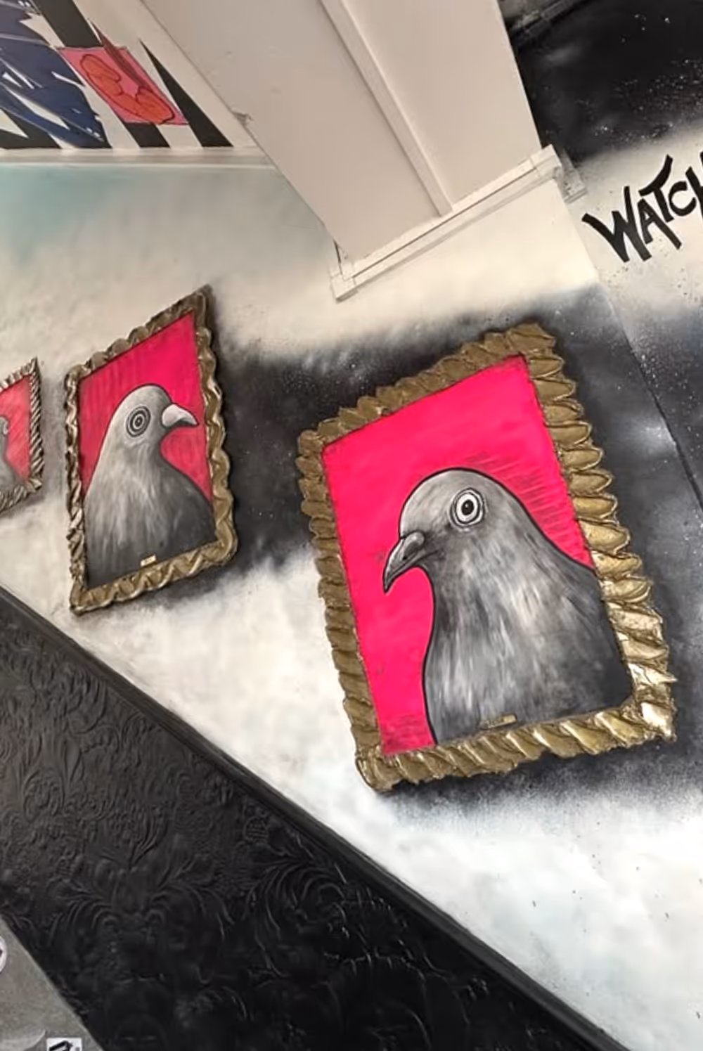 Wall art of framed pigeon portraits with bright pink backgrounds and gold textured frames.