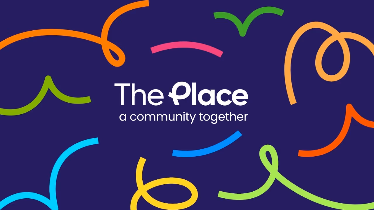 The Place community logo with colorful curved lines on a dark blue background.