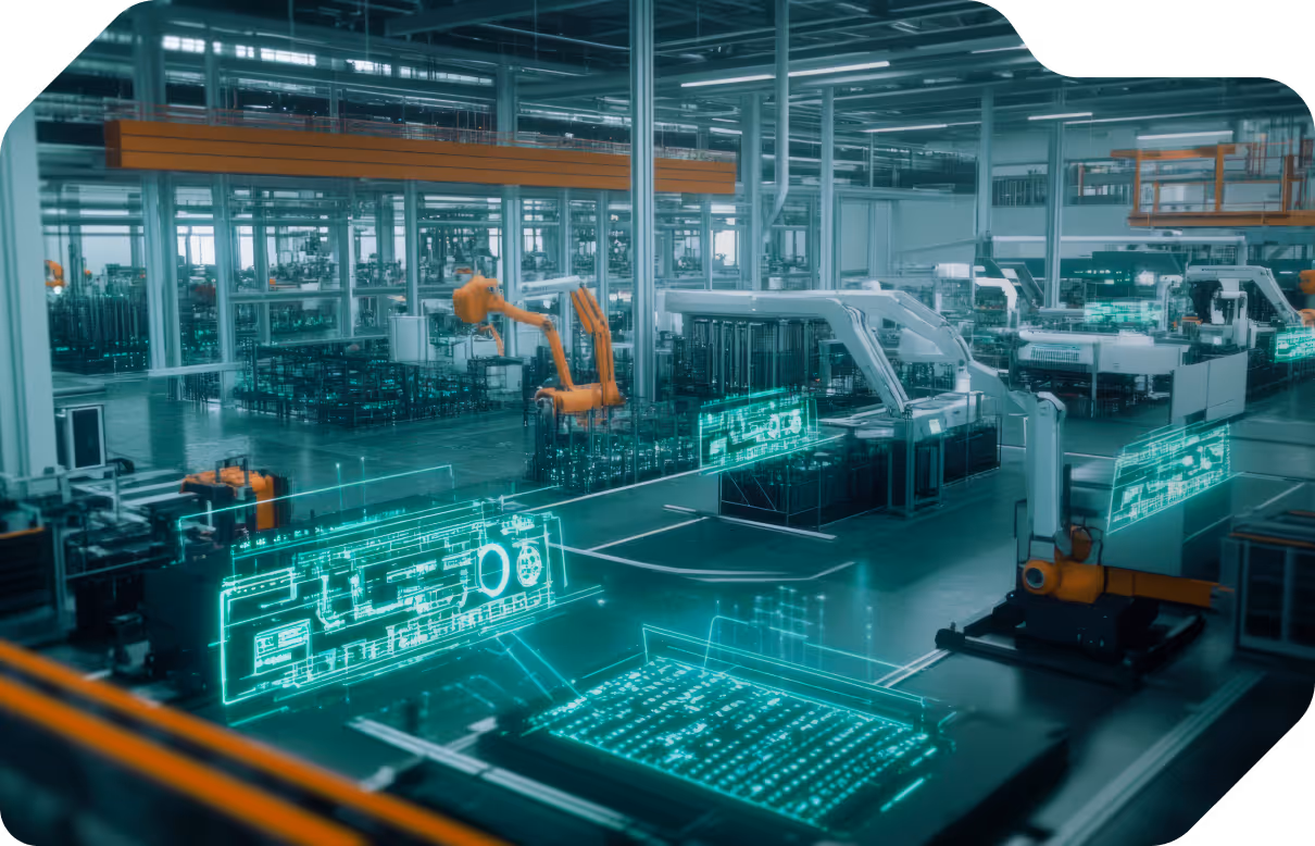 Nowoczesna hala produkcyjna z ramionami robotów i świecącymi holograficznymi panelami danych.