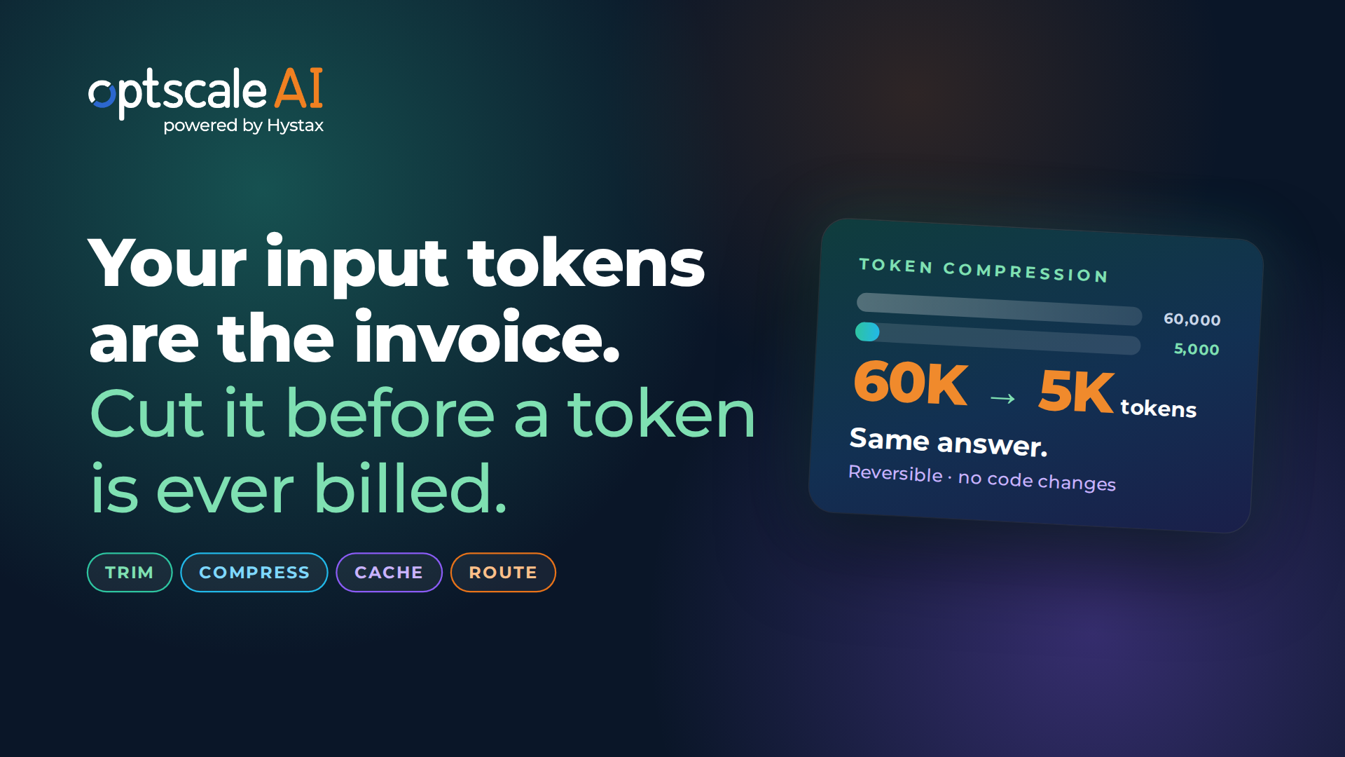 OptScale AI token compression shrinking a long tool-output log before it reaches the LLM