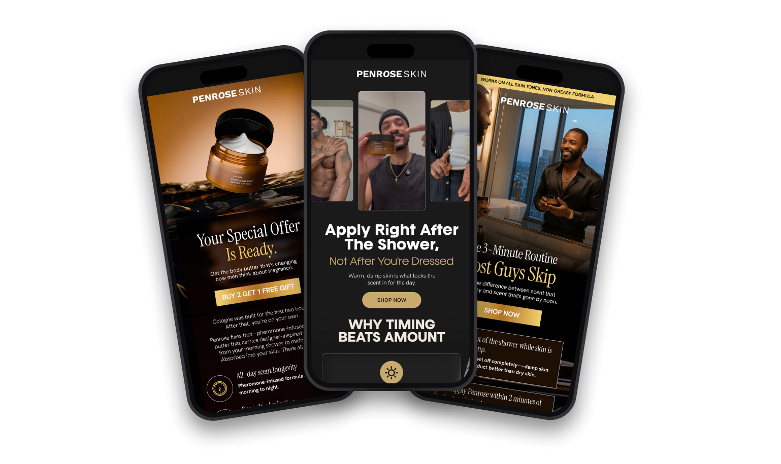 Three Penrose Skin emails shown on phones