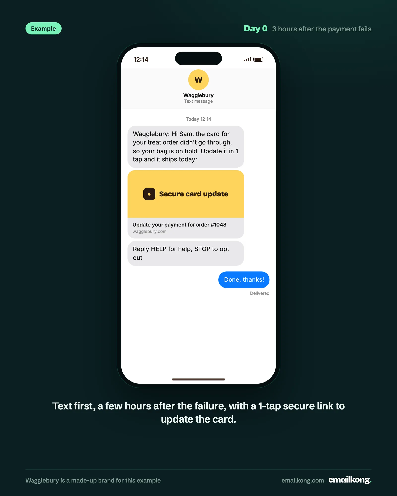 Example text message 3 hours after a failed payment, with a 1-tap secure card-update link