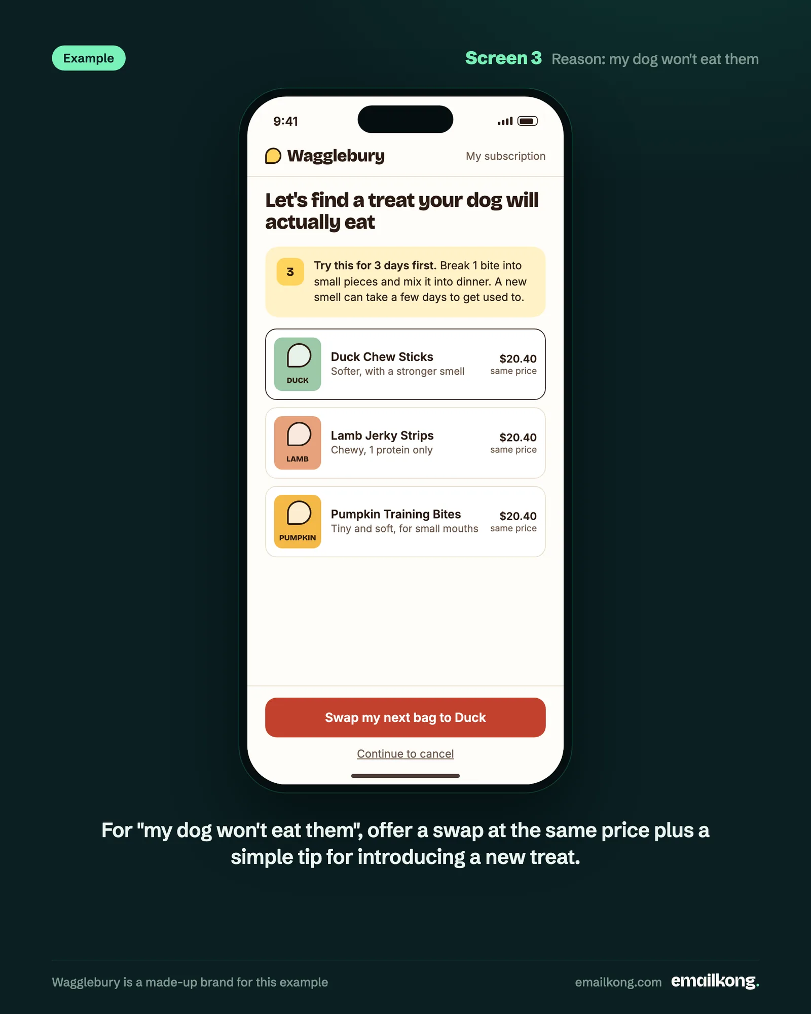 Example cancel screen offering a same-price swap and a 3-day tip for a dog that won't eat the treats