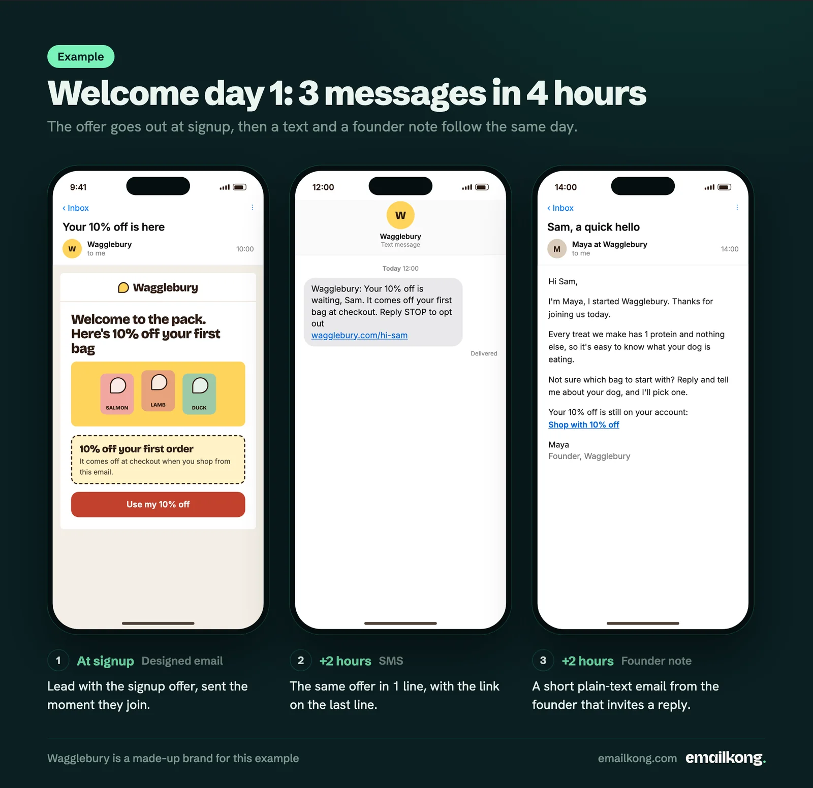 Example Klaviyo welcome series day 1: signup offer email, an SMS 2 hours later with the same offer, then a founder plain-text email