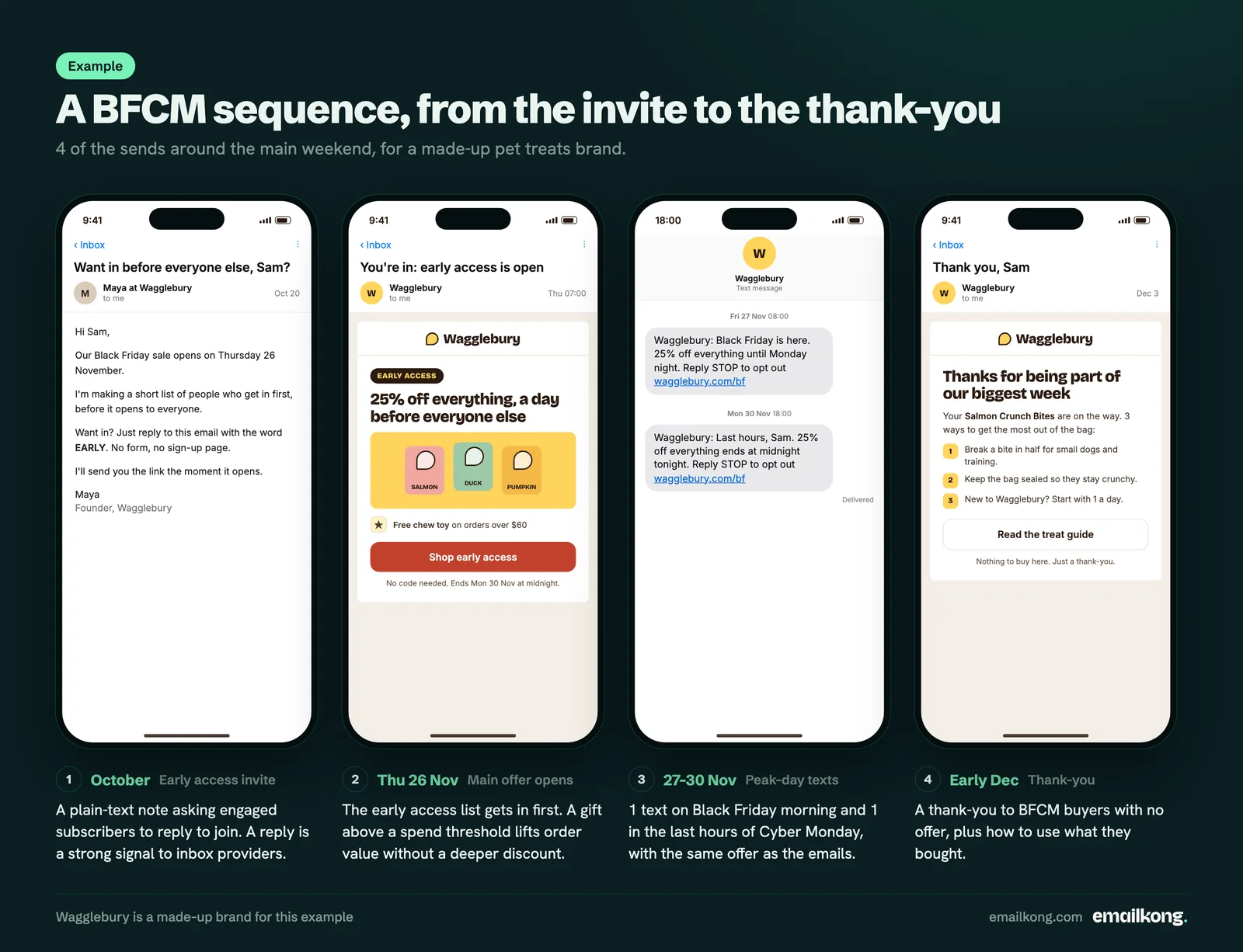 Example BFCM email and SMS sequence for a made-up pet brand: early access invite by reply, main offer email, peak-day texts, thank-you email