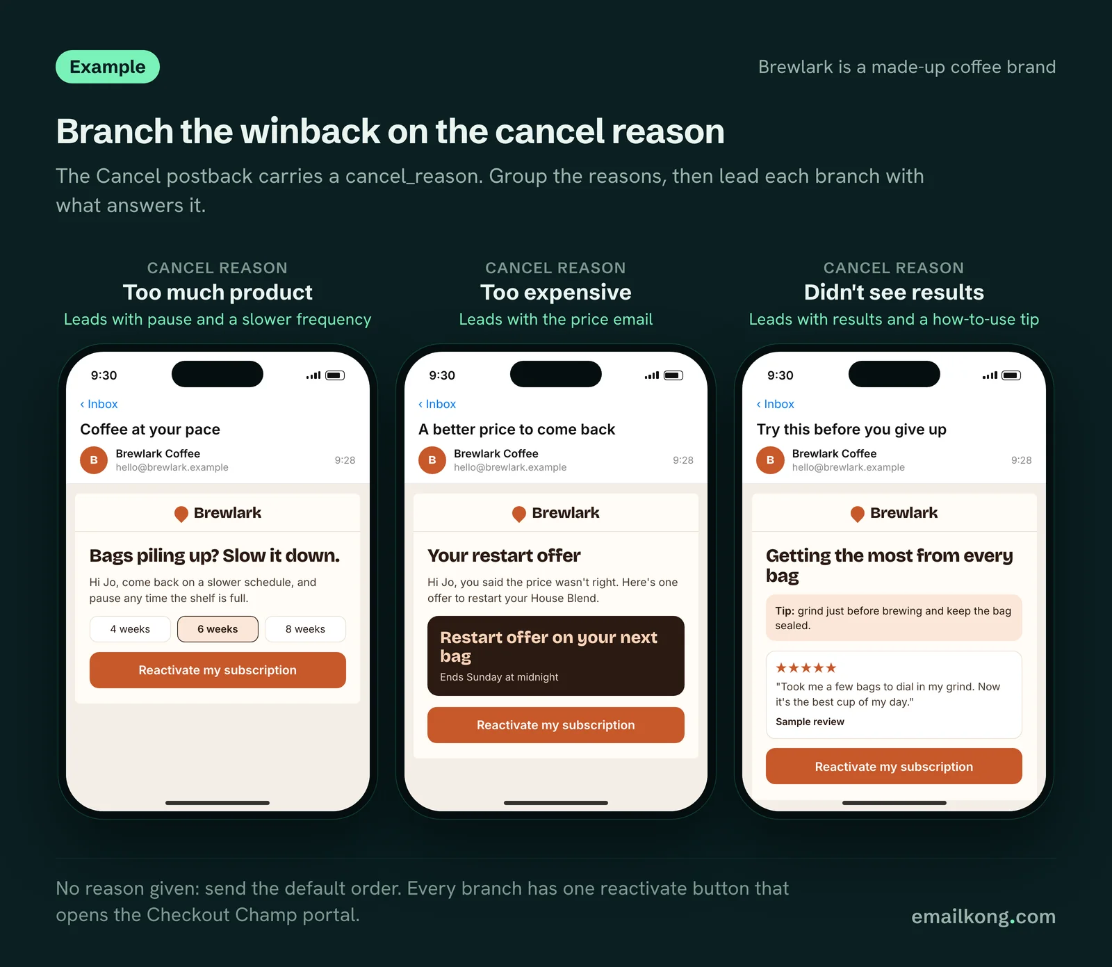 Example Checkout Champ winback emails in Klaviyo branched by cancel reason: too much product, too expensive, didn't see results