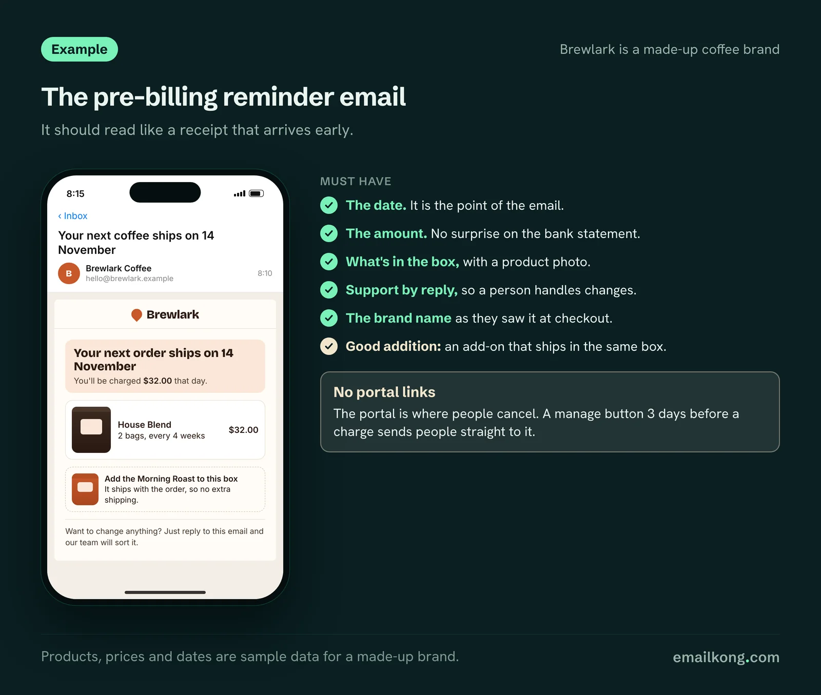 Example Checkout Champ pre-billing reminder email with the ship date, amount, box contents and reply-for-support, and no portal links