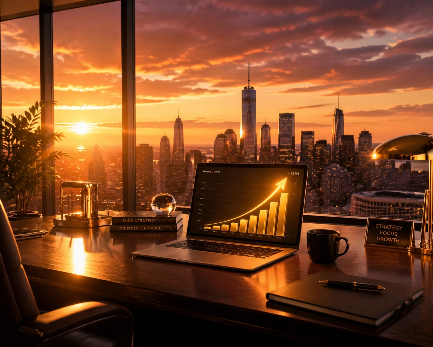 A growing revenue graph on a laptop in a modern office representing strategic business financing.