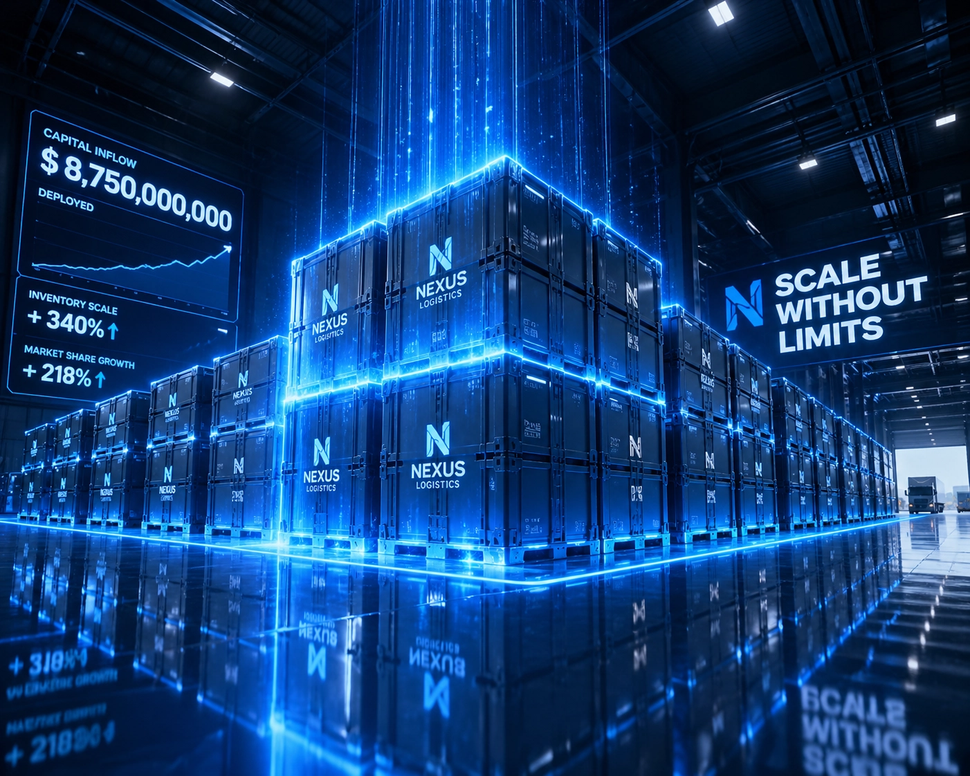 Large warehouse with shipping crates representing fast inventory scaling and capital from revenue-based financing.