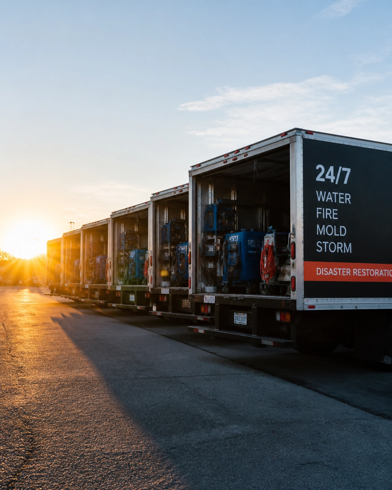 A line of modern restoration box trucks ready for deployment