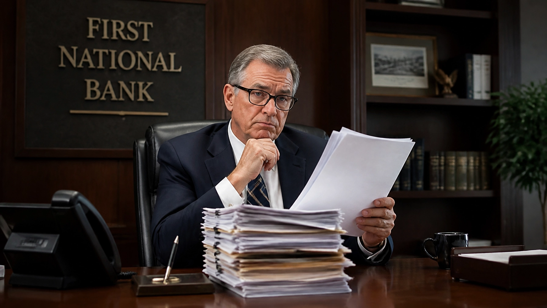 An older professional man in a suit sitting behind a mahogany desk, looking through a thick stack of paper documents with a skeptical expression. Represents the slow, bureaucratic nature of traditional bank lending.