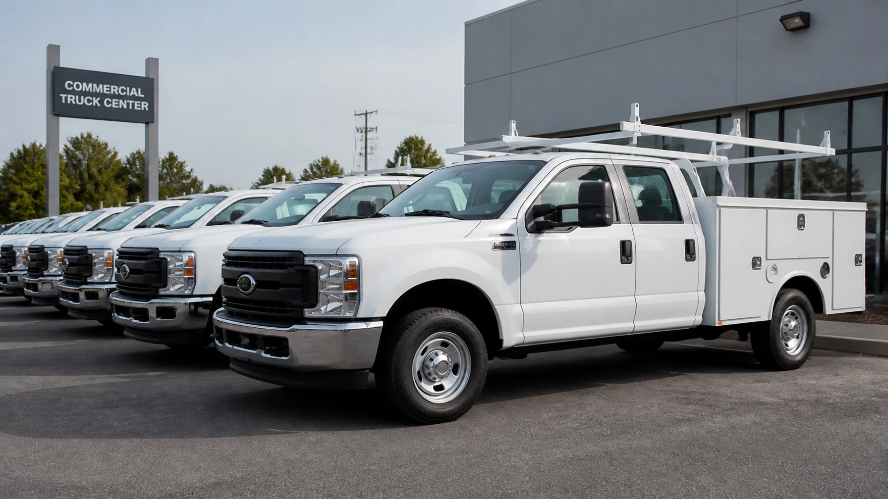 A row of white HVAC service trucks lined up at a dealership, ready for branding. The image is clean and organized, focusing on the vehicles as a specific asset.