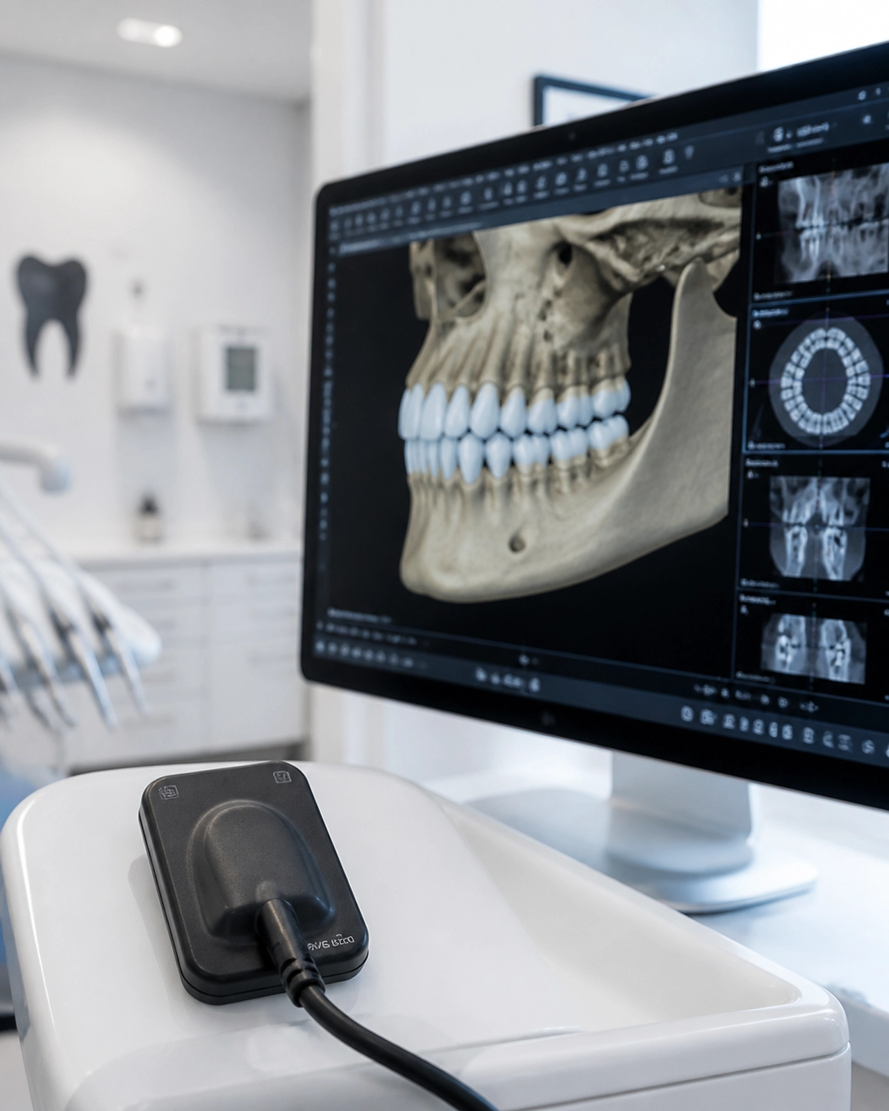 Close-up of a digital X-ray sensor and high-resolution scan on a monitor
