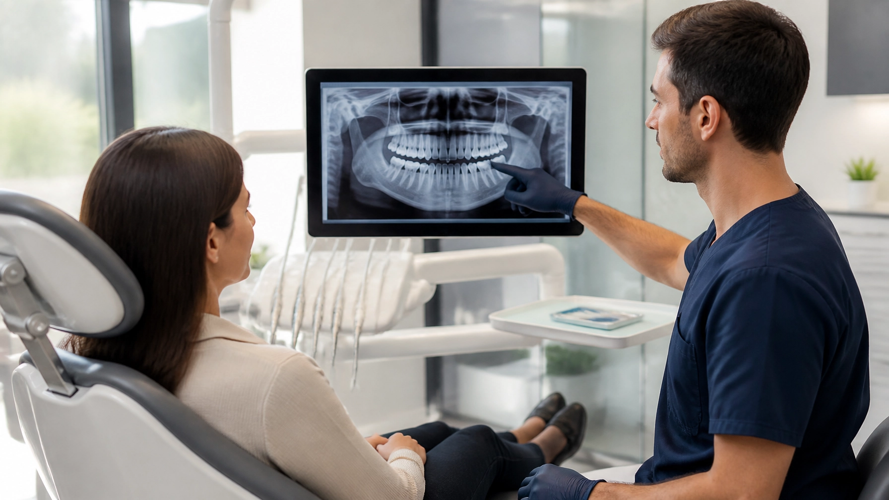 Dentist and patient reviewing digital imaging in a modern treatment room