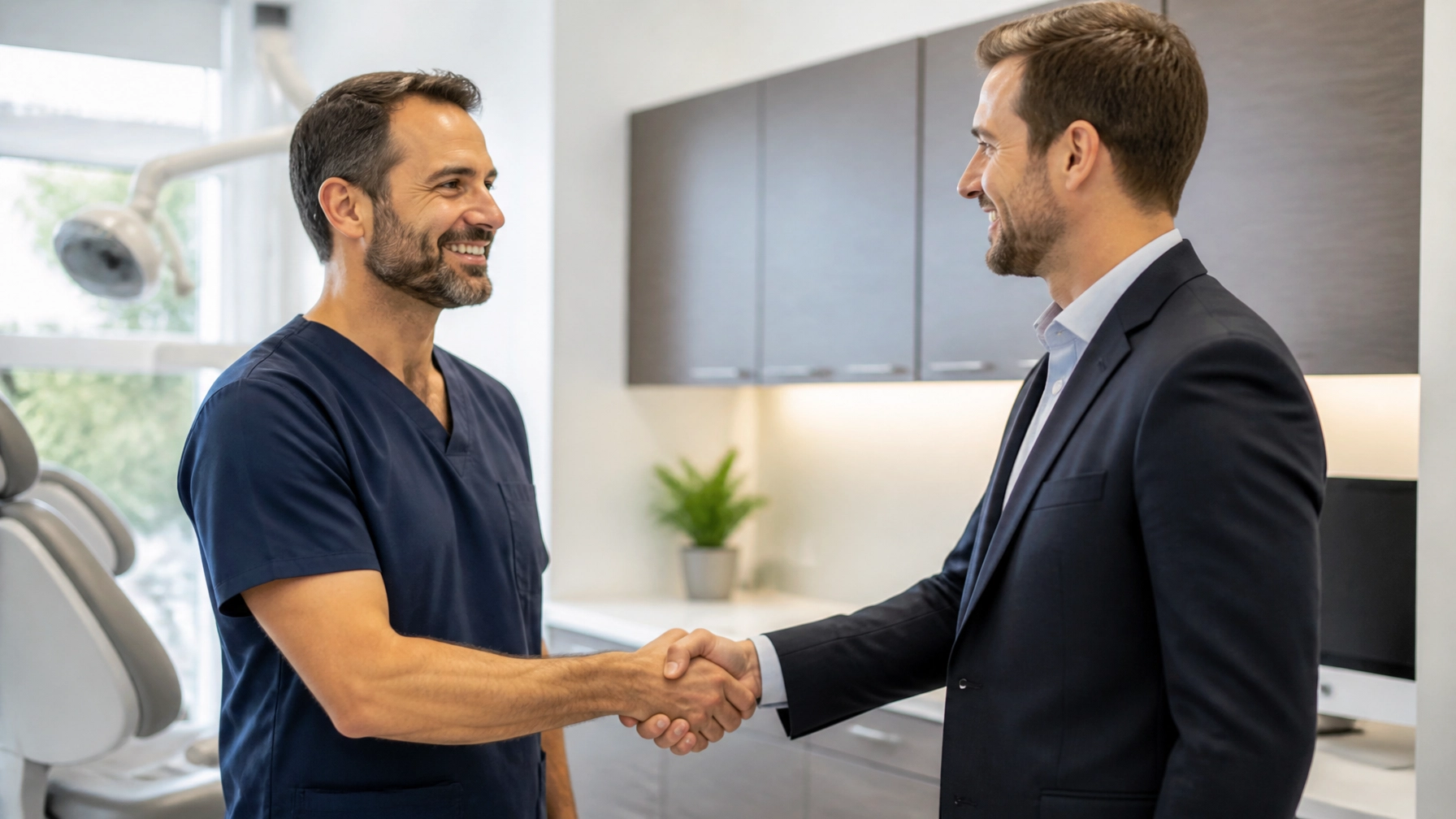 Dentist shaking hands with a financial advisor in a modern dental office