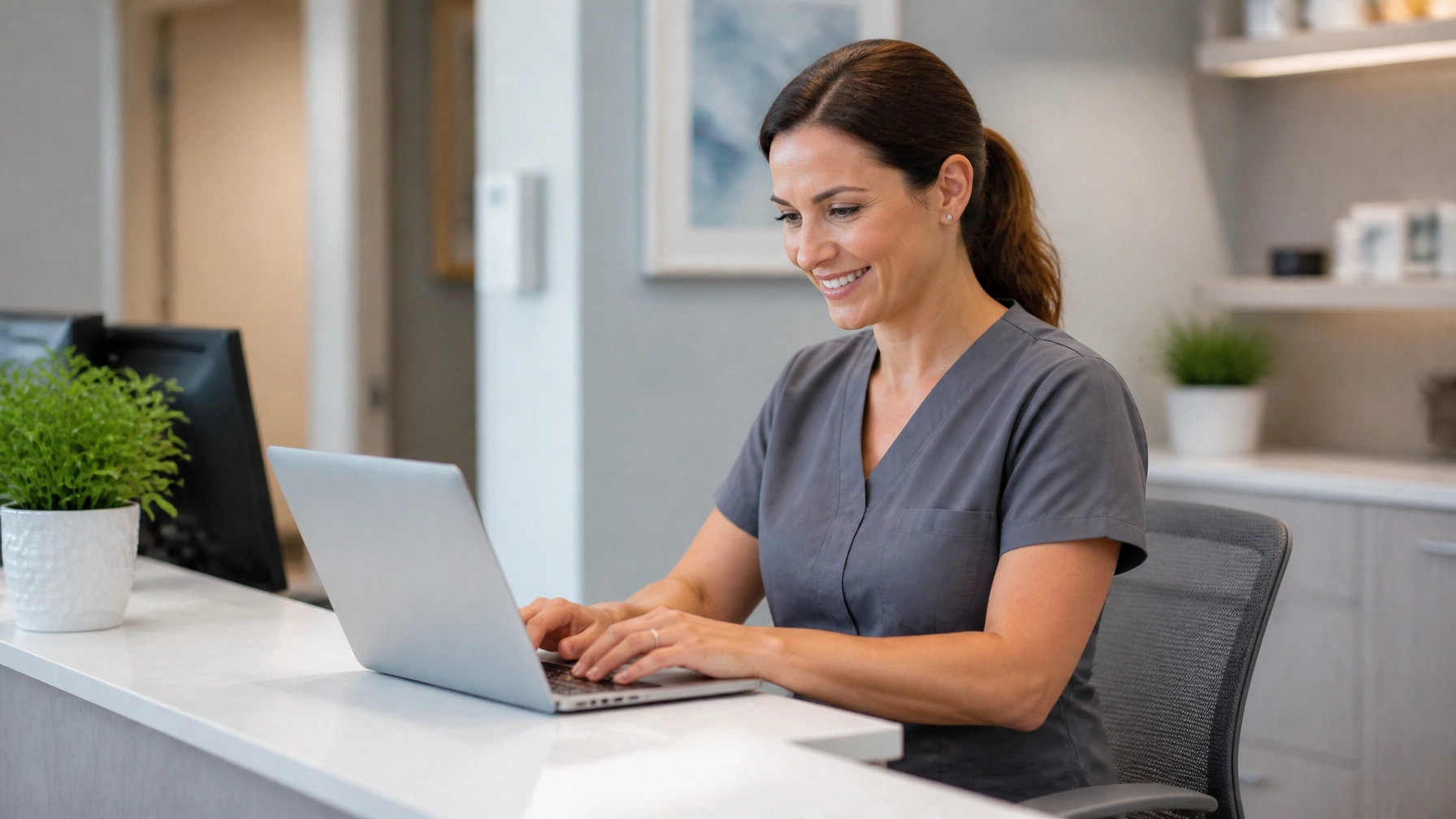 Medical office administrator completing a simple online application on a laptop