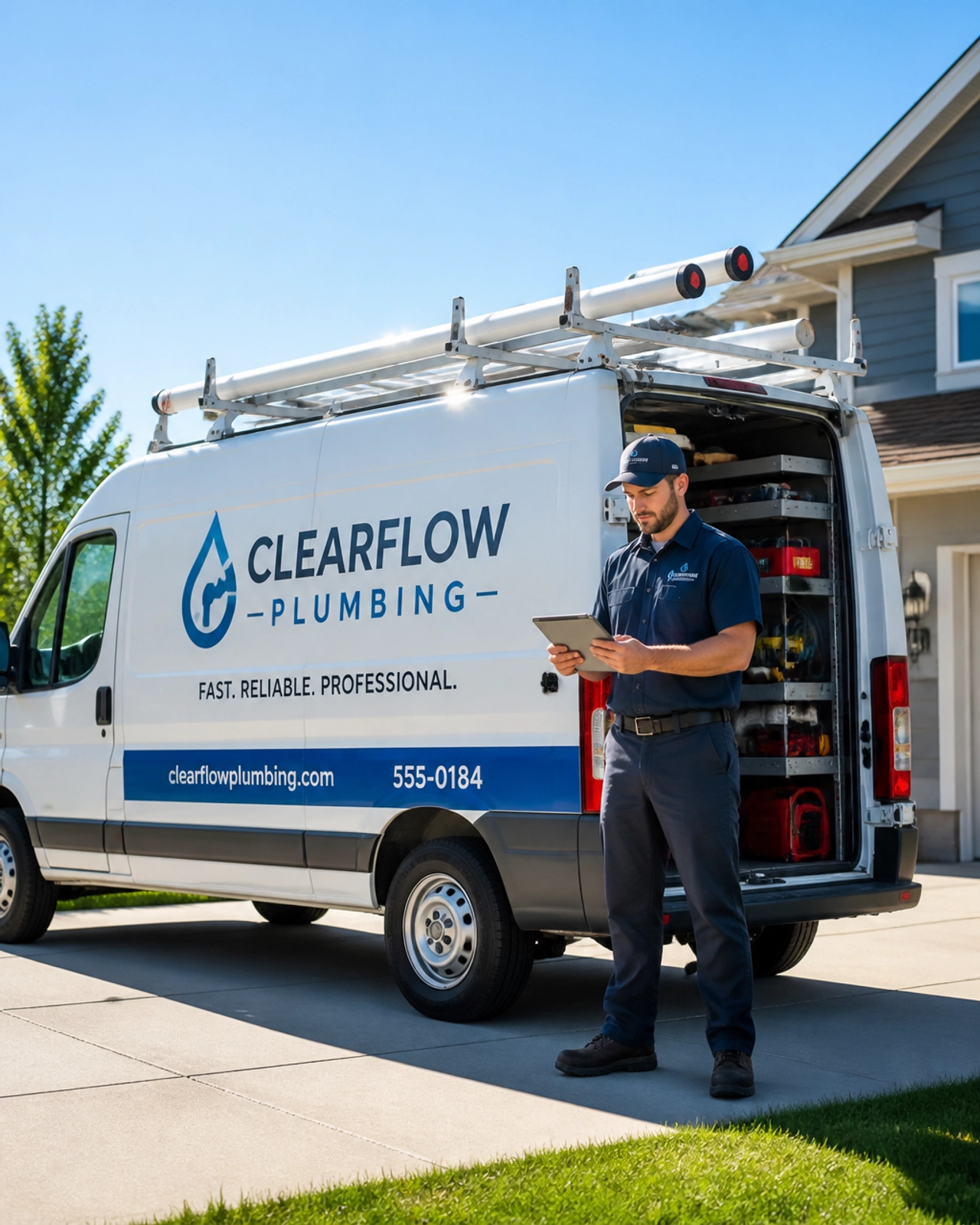 Professional plumbing service truck and plumber with tablet