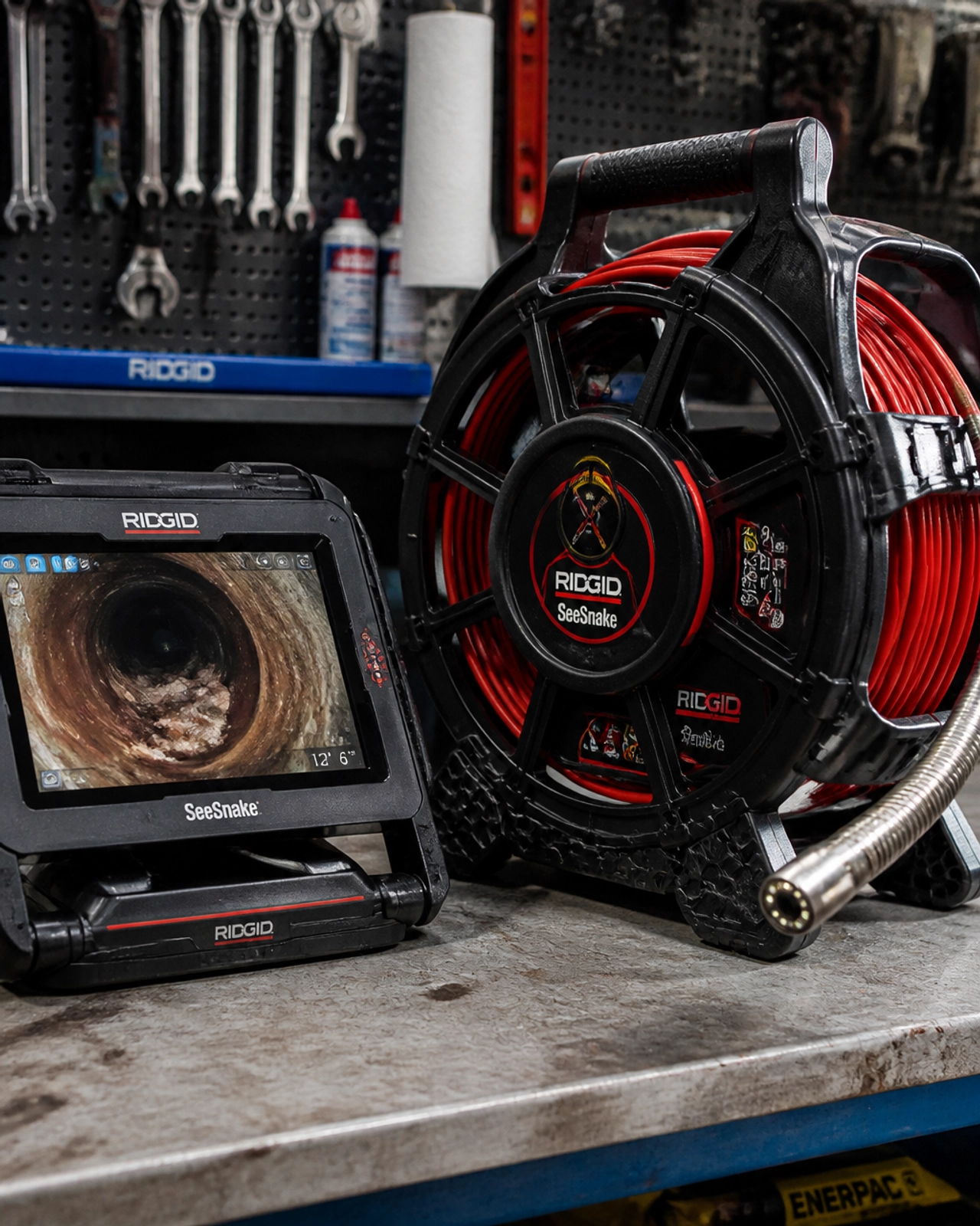 High-tech plumbing inspection camera on a workbench