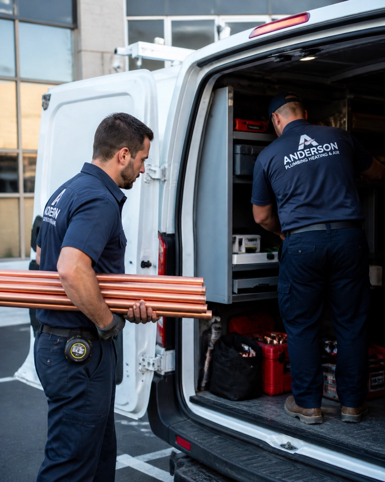Plumbing team loading equipment into a service van for a commercial project
