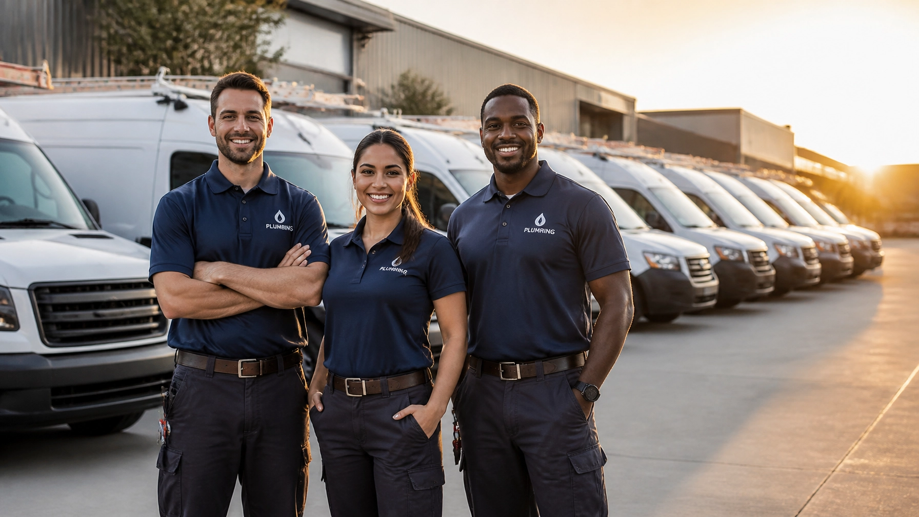 A professional plumbing team standing in front of their service fleet