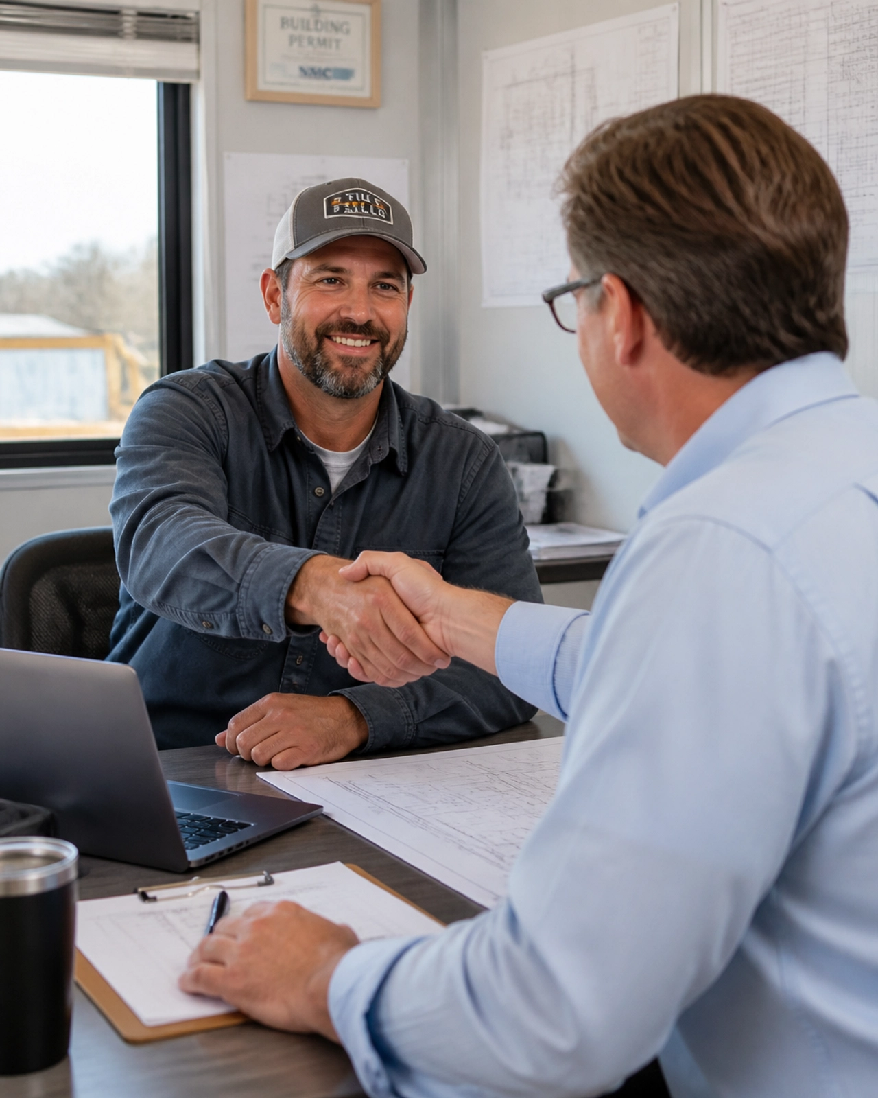 Construction office partnership and handshake