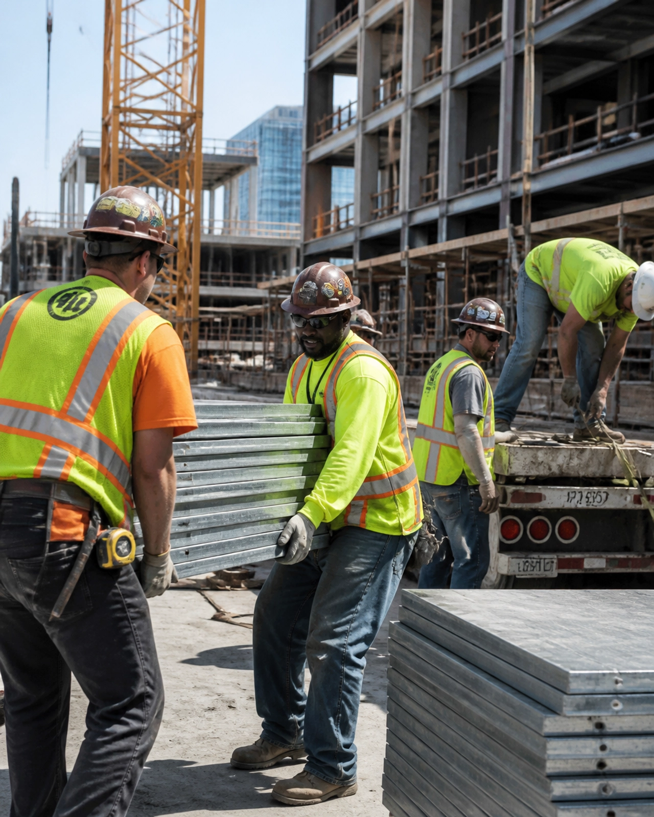 Construction crew working together on a commercial job site