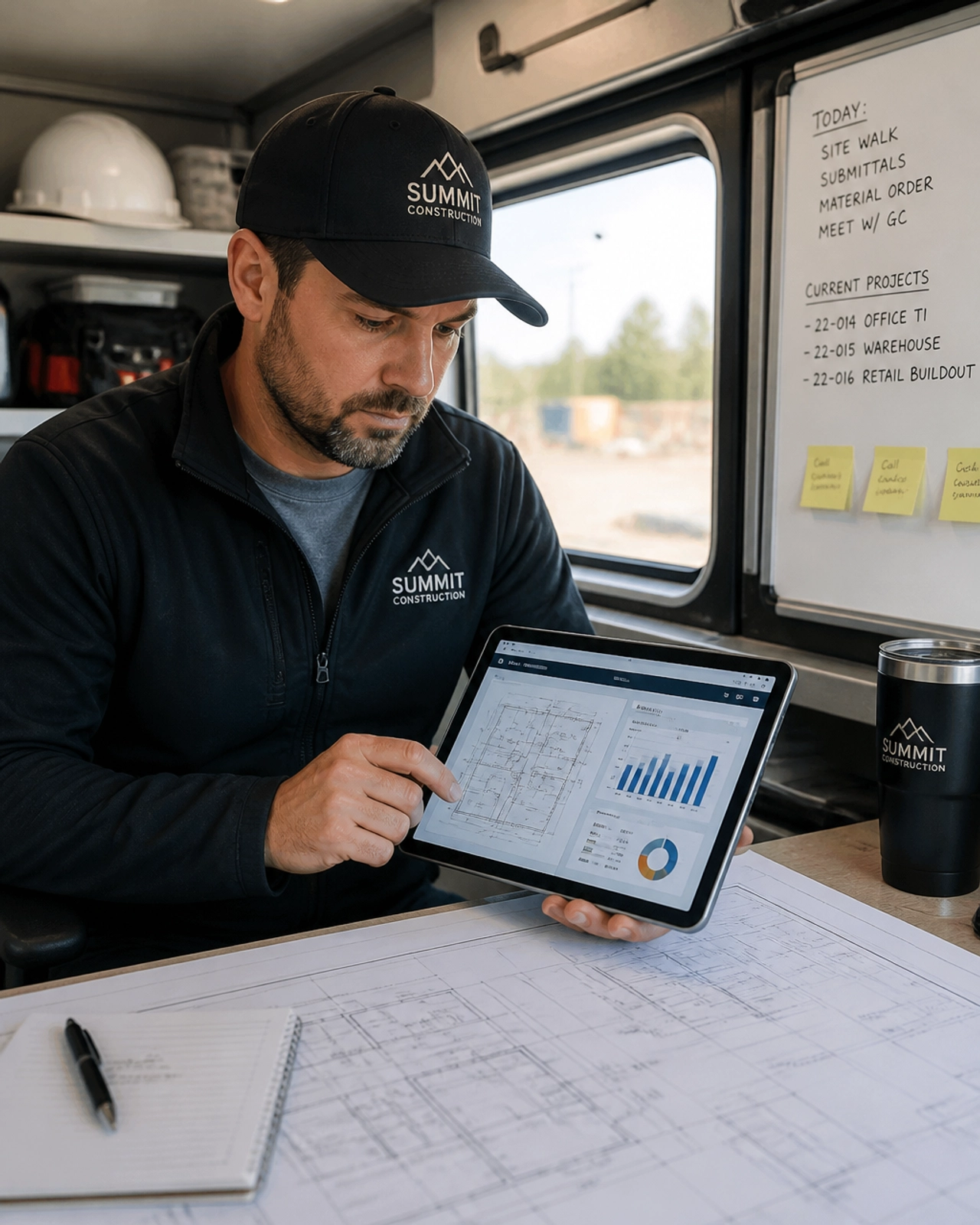 A subcontractor business owner reviewing blueprints and financial charts on a tablet in a field office