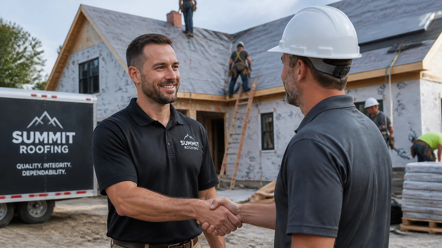 A roofing company owner shaking hands with a general contractor on a busy construction site
