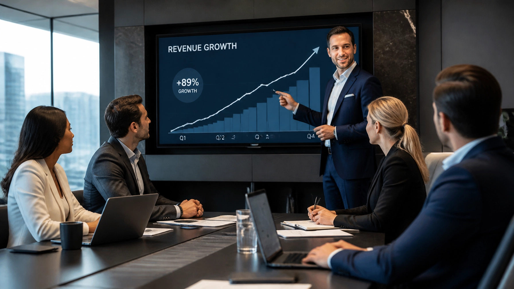 A successful business team discussing scaling and future revenue growth