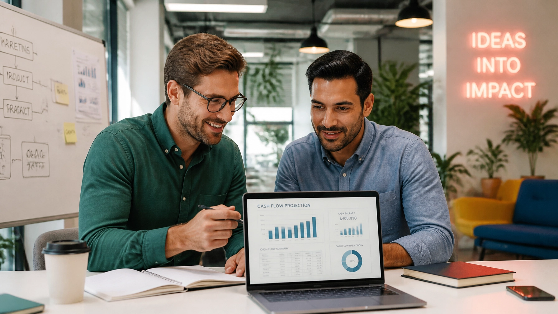 Two business partners collaborating over financial reports