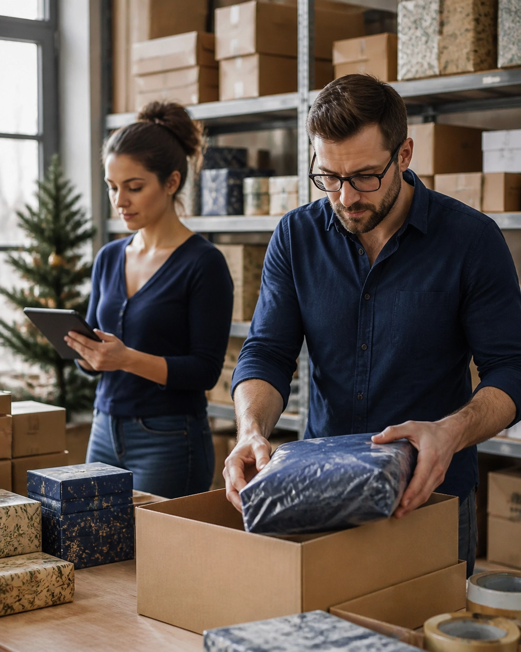 E-commerce team inspecting holiday inventory in a fulfillment warehouse