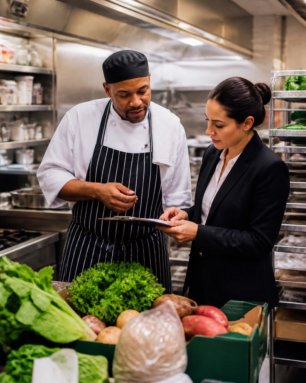 Restaurant chef and kitchen manager reviewing inventory before the holiday rush