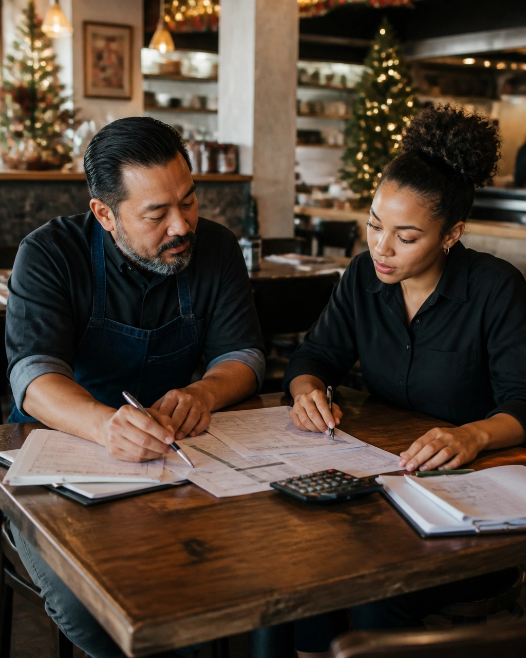 Restaurant owner and floor manager planning seasonal staffing in the dining room