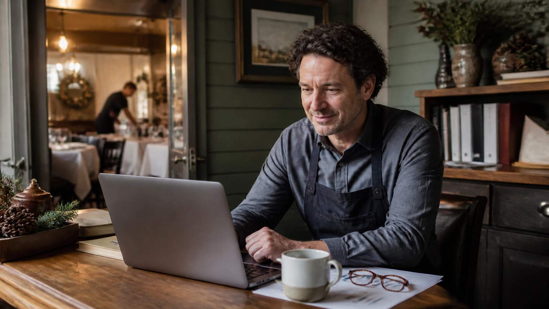 Restaurant owner reviewing a weekly cash-flow forecast in the back office