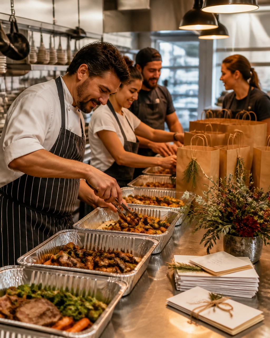 Restaurant staff preparing a large holiday catering order in a commercial kitchen
