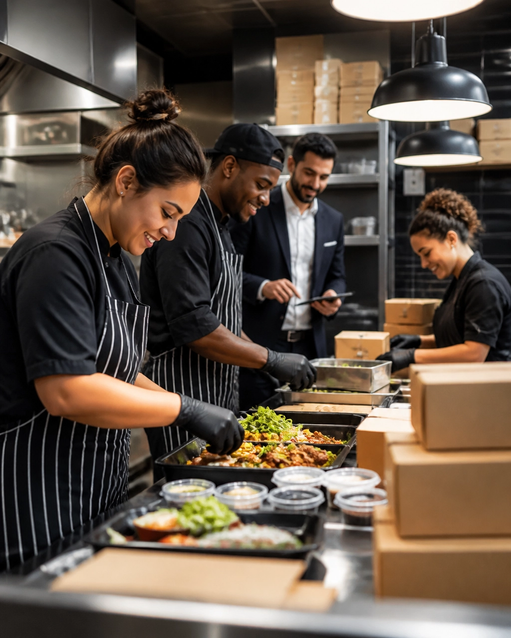 Restaurant team preparing a catered order in a commercial kitchen