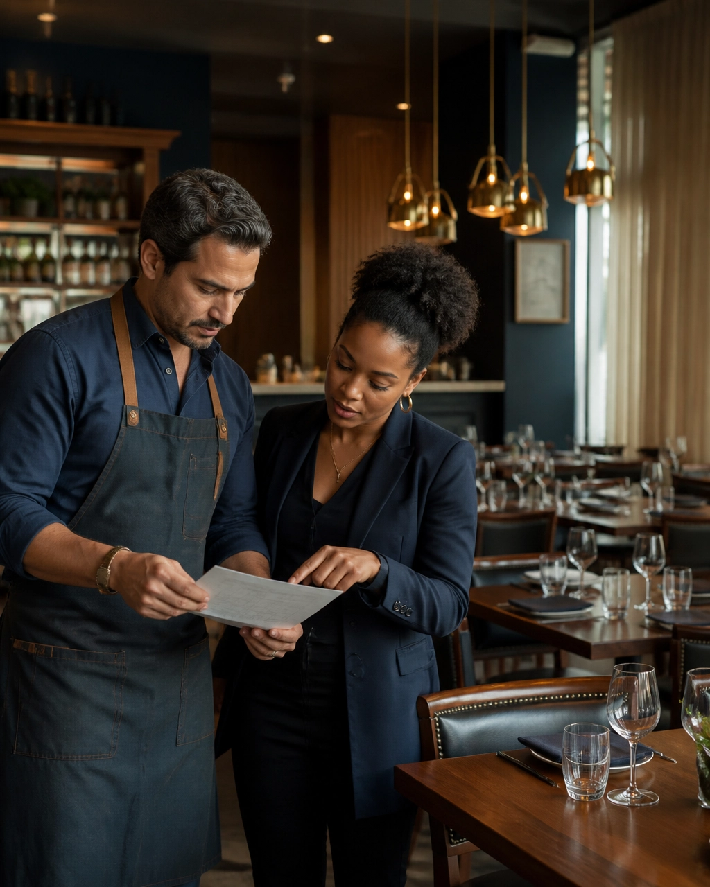 Restaurant owner and floor manager reviewing staffing plans in a dining room