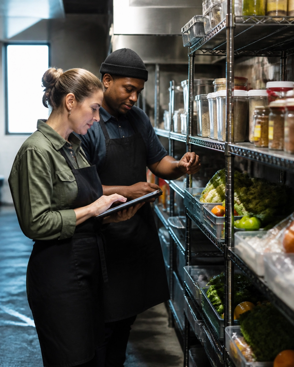 Restaurant owner and kitchen manager checking organized inventory in a commercial kitchen
