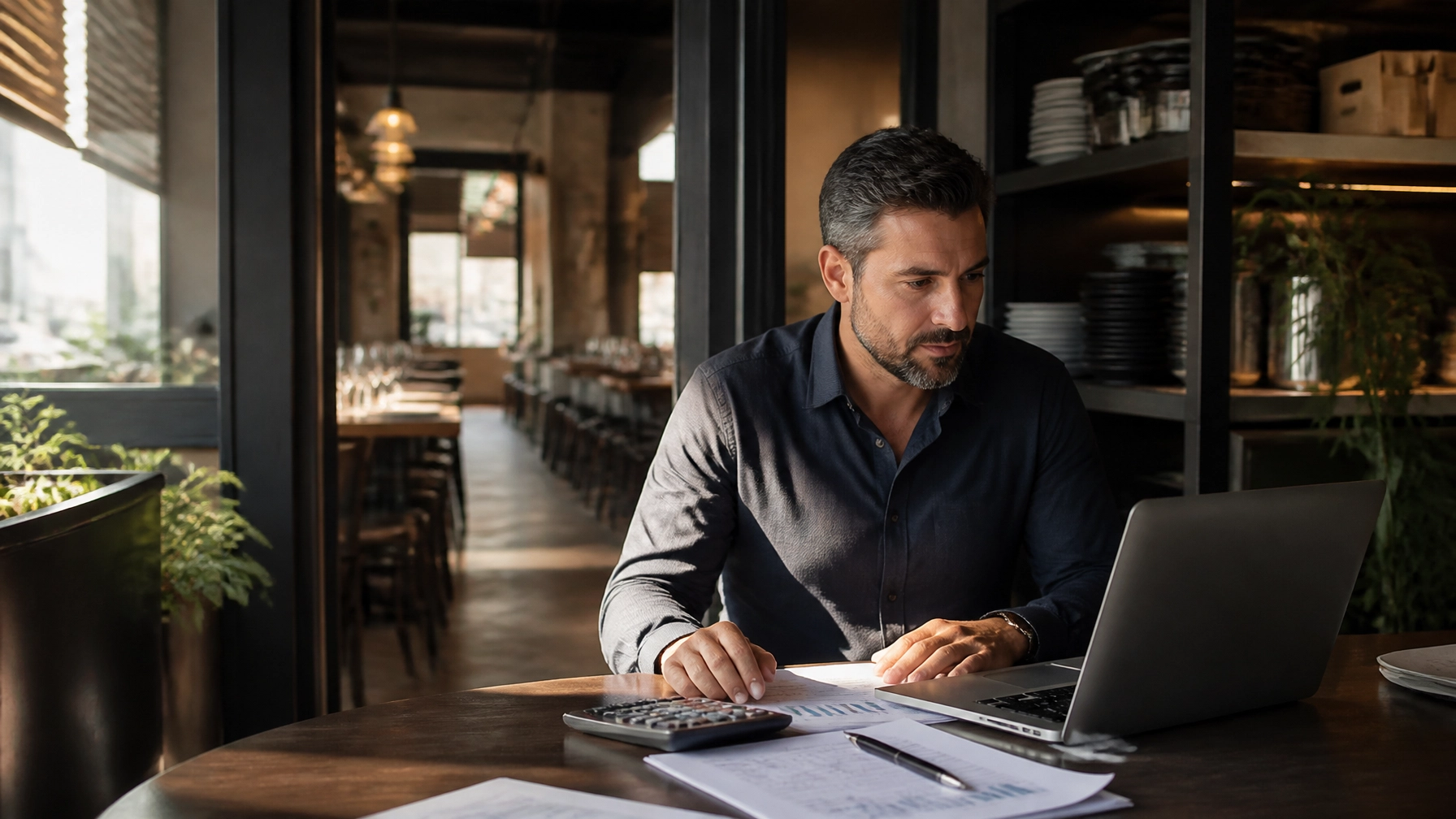 Restaurant owner reviewing a cash-flow forecast at a desk in the dining room