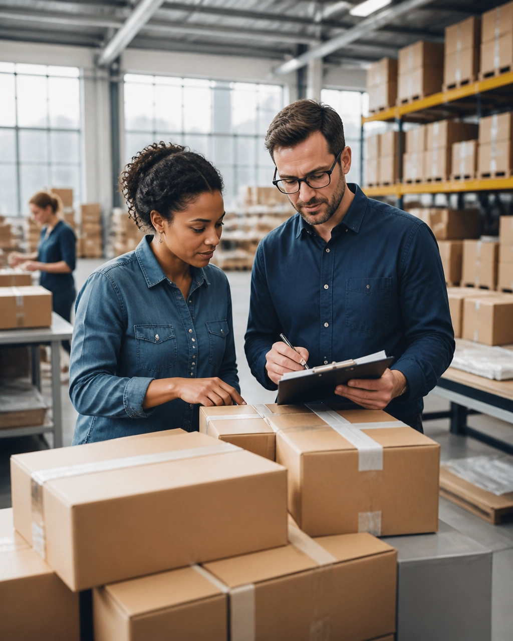 E-commerce business owner receiving inventory boxes and checking a shipment with a team member