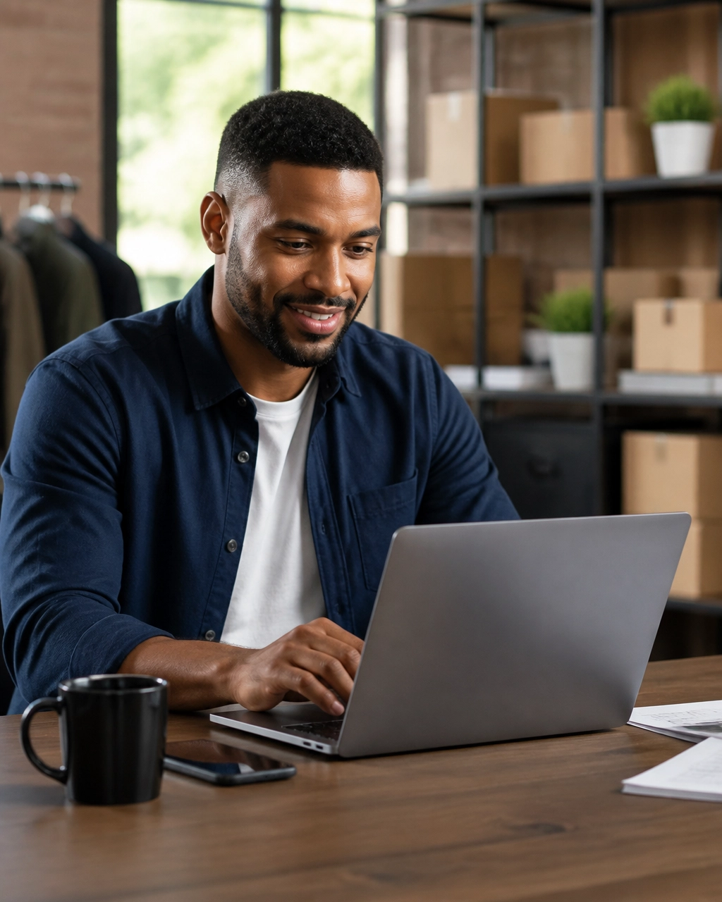 Small-business owner completing a quick online funding application at a real office desk