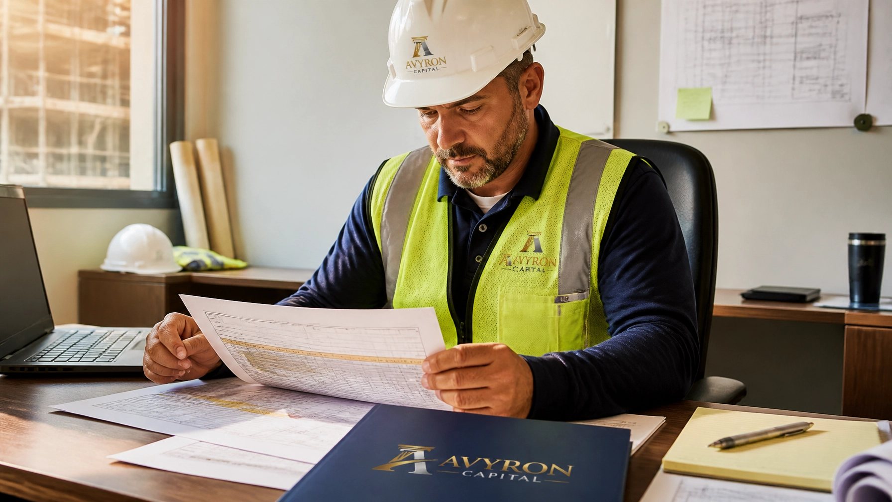 Construction contractor reviewing project schedules and cash flow documents in a jobsite office with the Avyron Capital logo 