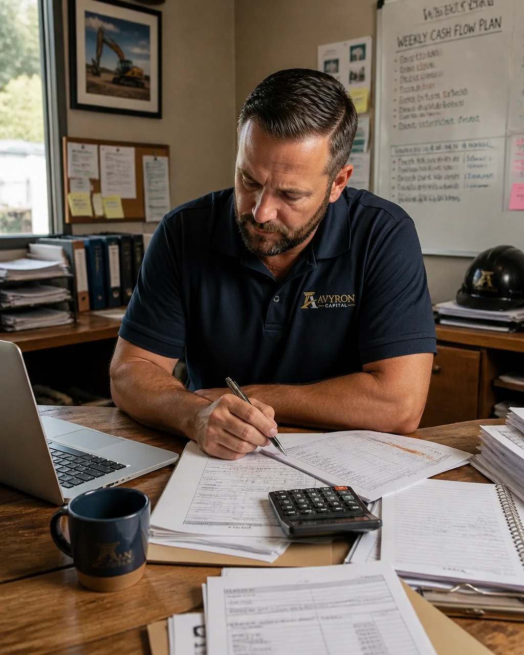 Construction business owner planning weekly cash flow with invoices, payroll notes, and a laptop in a practical office