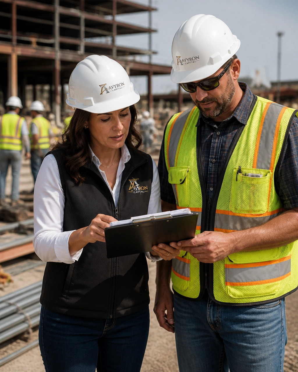 Contractor reviewing a project schedule with a superintendent at an active commercial construction site