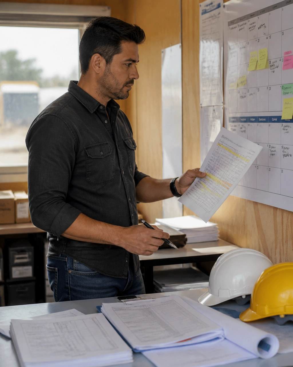 Construction business owner reviewing a Q4 payment calendar and accounts-receivable schedule in an office