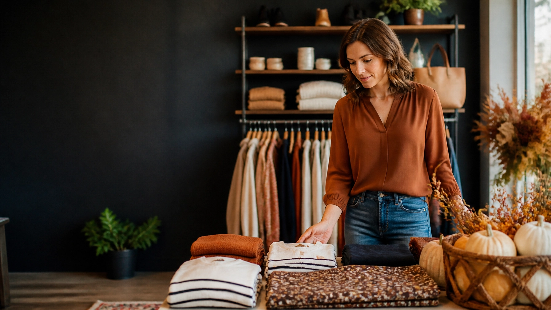 Small retail business owner reviewing fall merchandise inside a boutique storefront