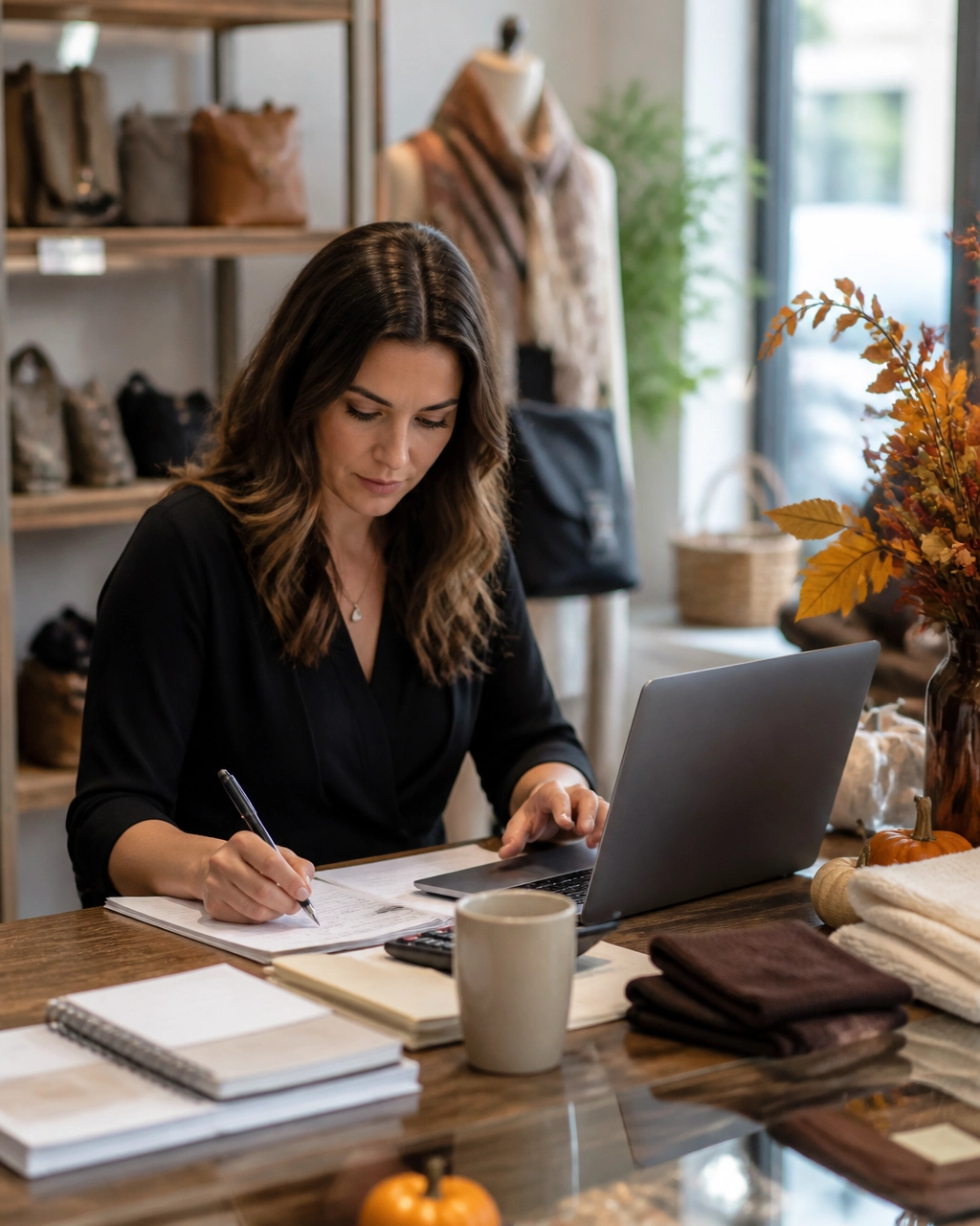 Retail manager reviewing inventory and a seasonal cash-flow plan at a counter
